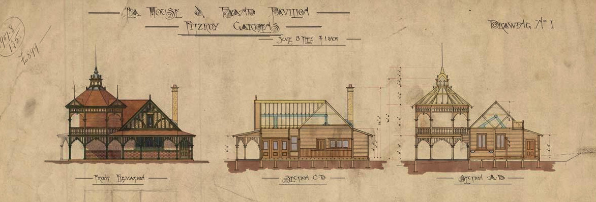 Colour hand-drawn plans for Fitzroy teahouse highlighting the band pavilion